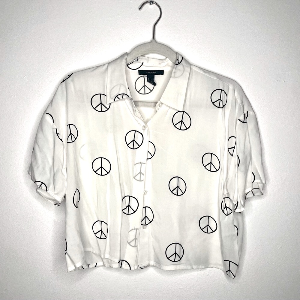 Forever 21 Cropped Peace Sign Button Up Shirt